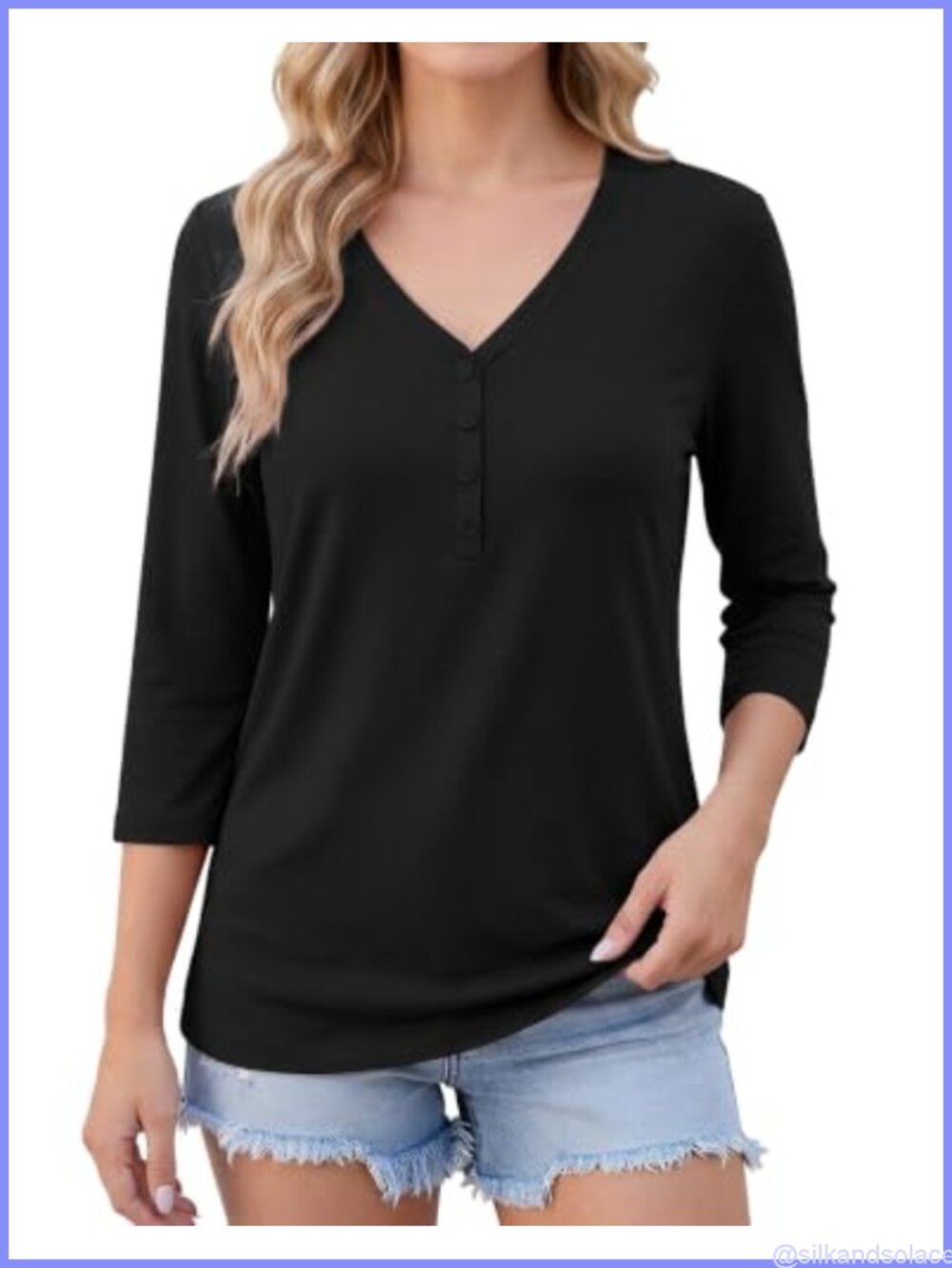 Womens 3/4 Sleeve V Neck Henley Tunic Top Soft Stretch Button Detail